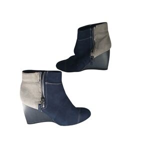 C Label Wedge Ankle Boots 7 Navy Blue Grey Colorblock Faux Suede Booties